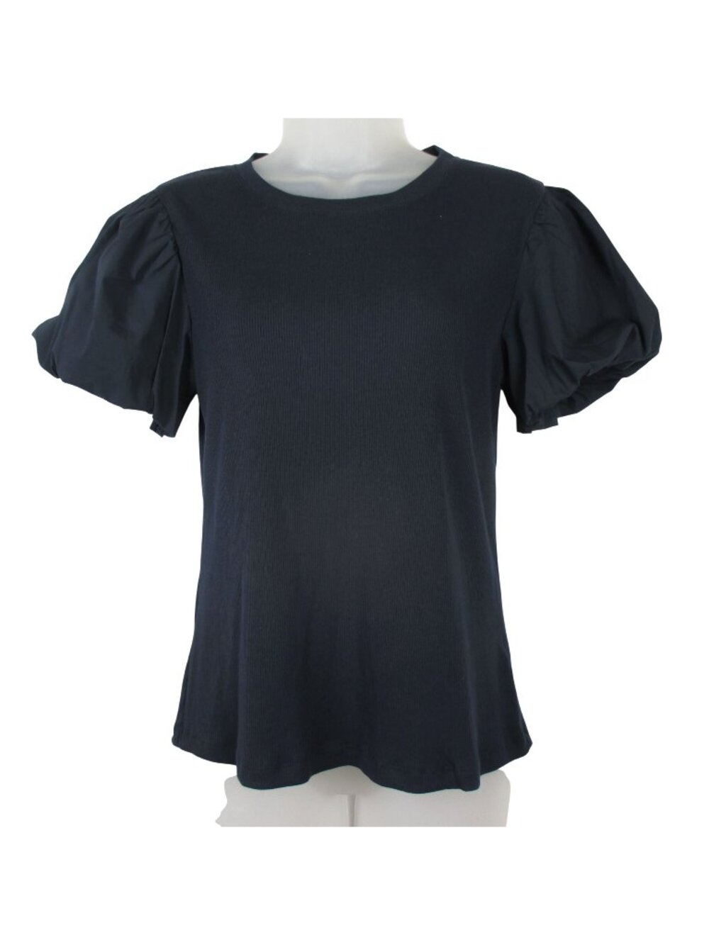 Truth by Republic Crewneck Cotton Puff Sleeve Ribbed Top Blue Size M Edwardian